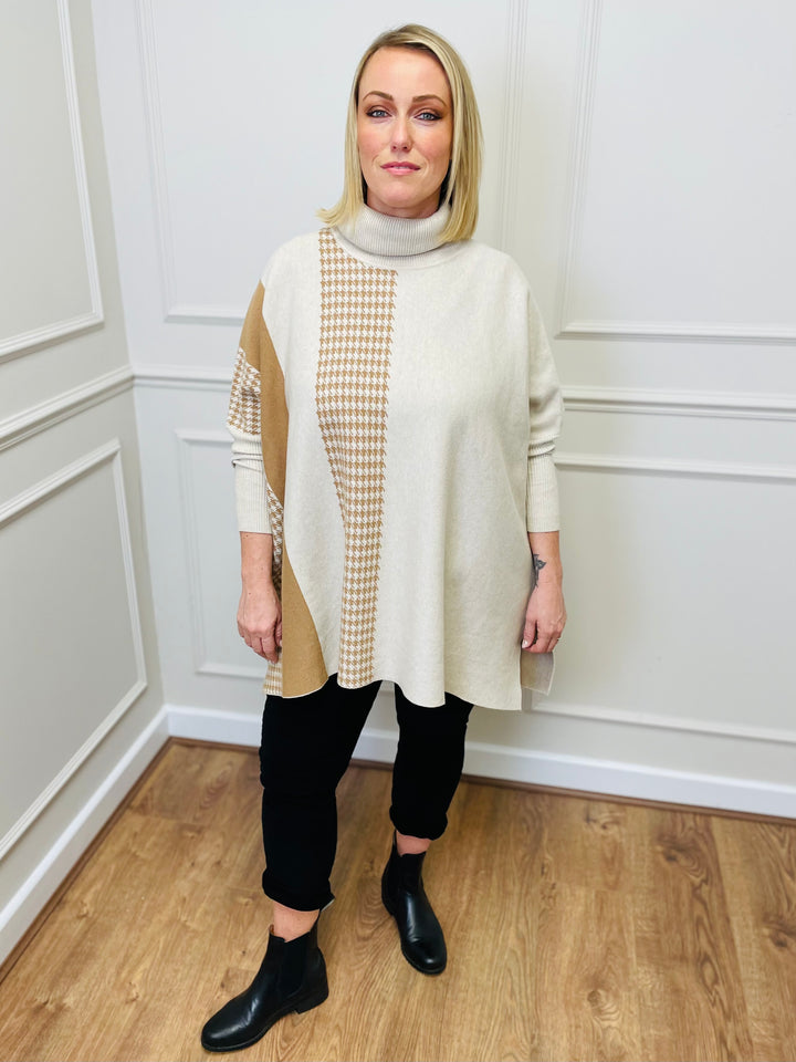 "DANIELA" Houndstooth Print Poncho-Cream & Tan
