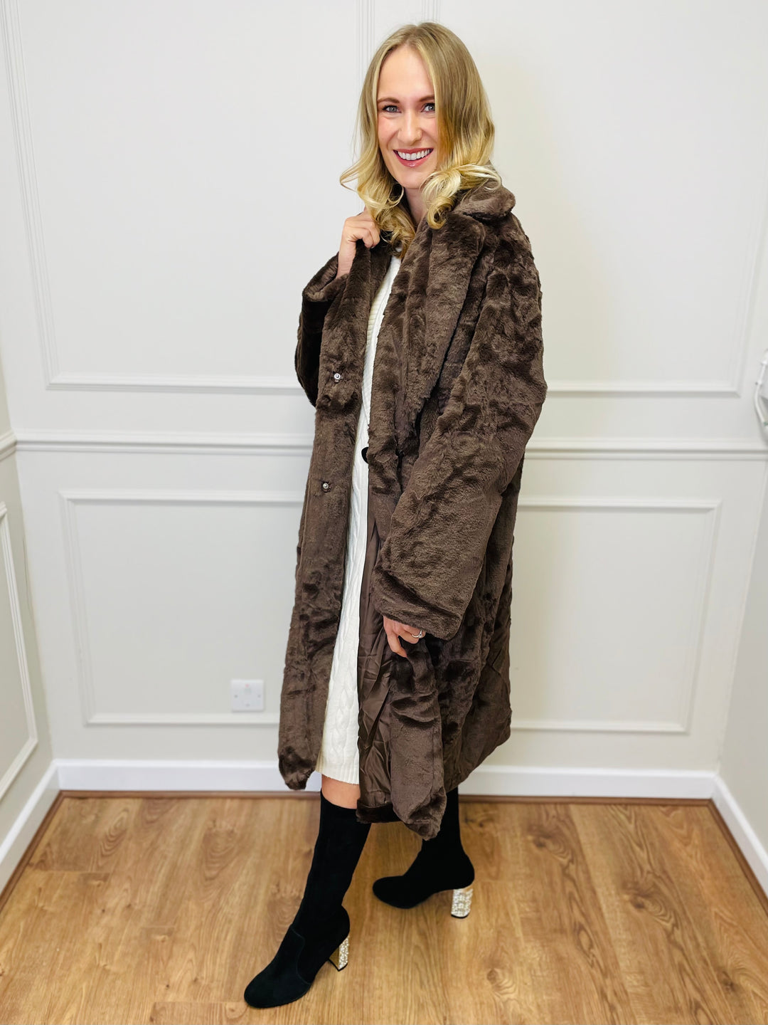 "NATALIA" Longline Fur Coat-Brown