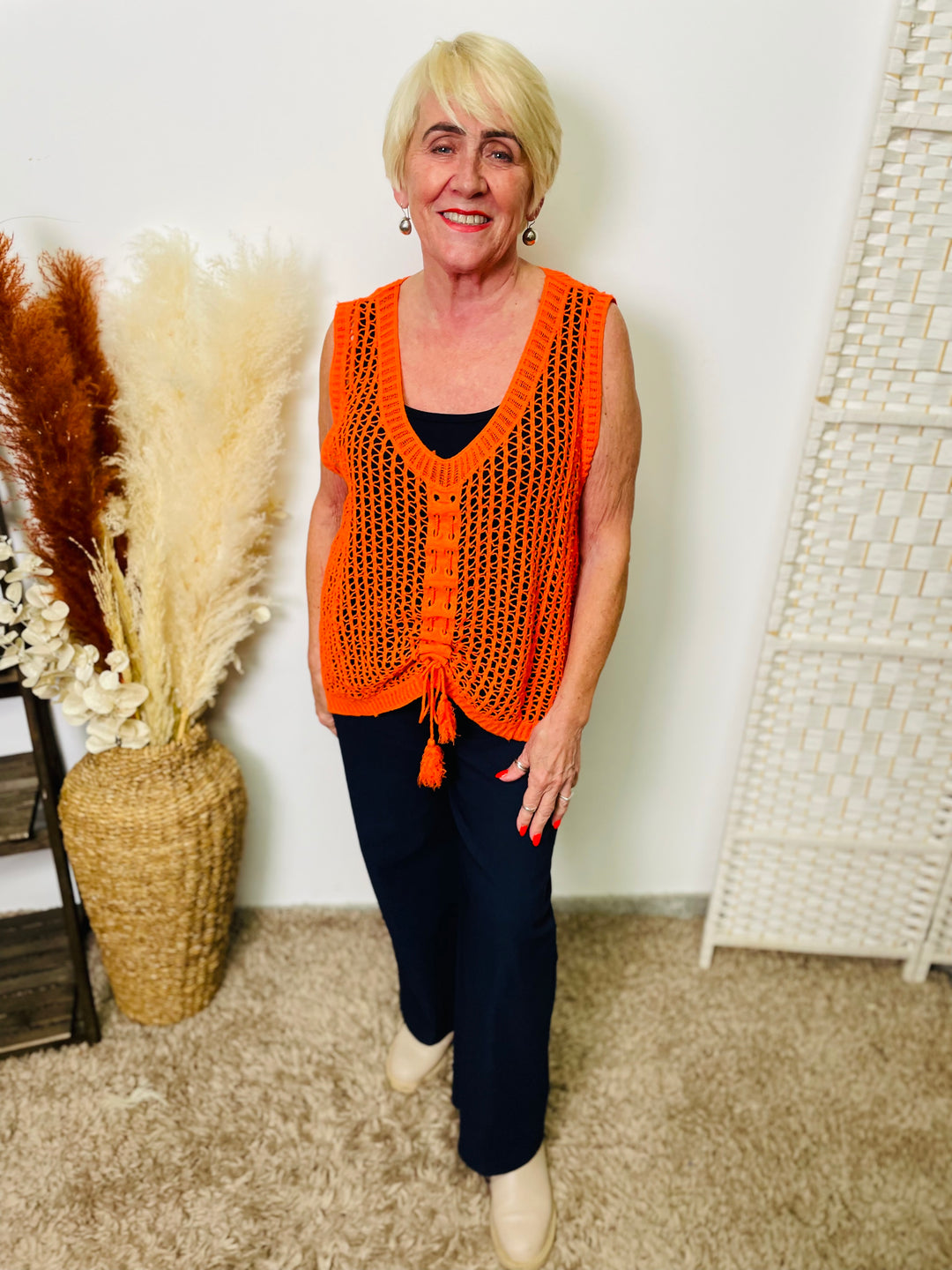 "MOLLY" Open Knit Vest-Neon Orange