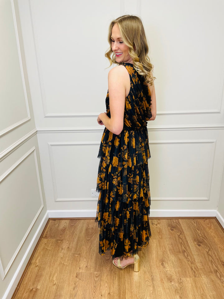 "STACEY" One Shoulder Tiered Dress-Black & Orange