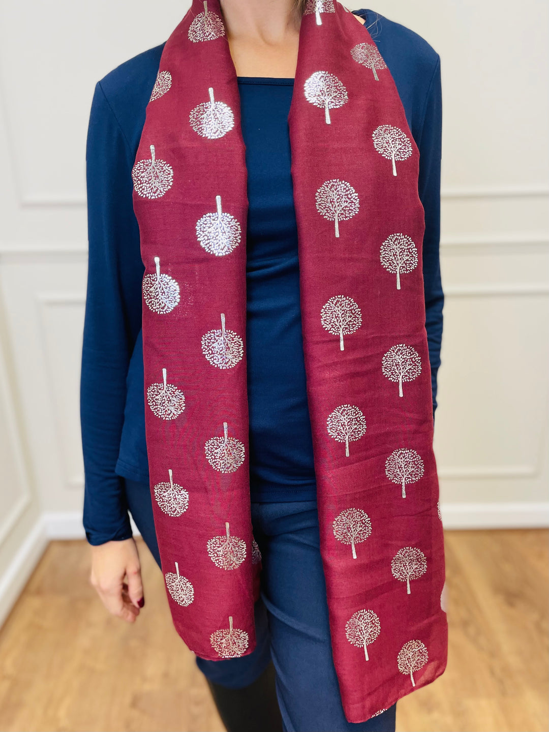 No.120 Tree Print Scarf-Burgundy & Grey