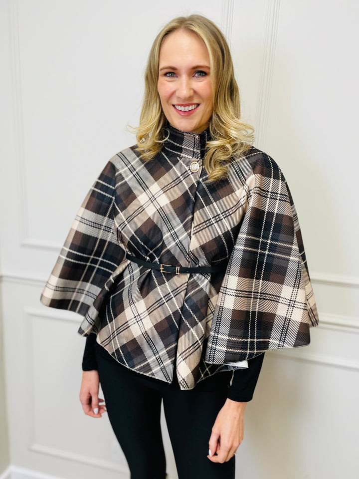 "LORELAI" Check Print Cape Coat-Cream & Brown