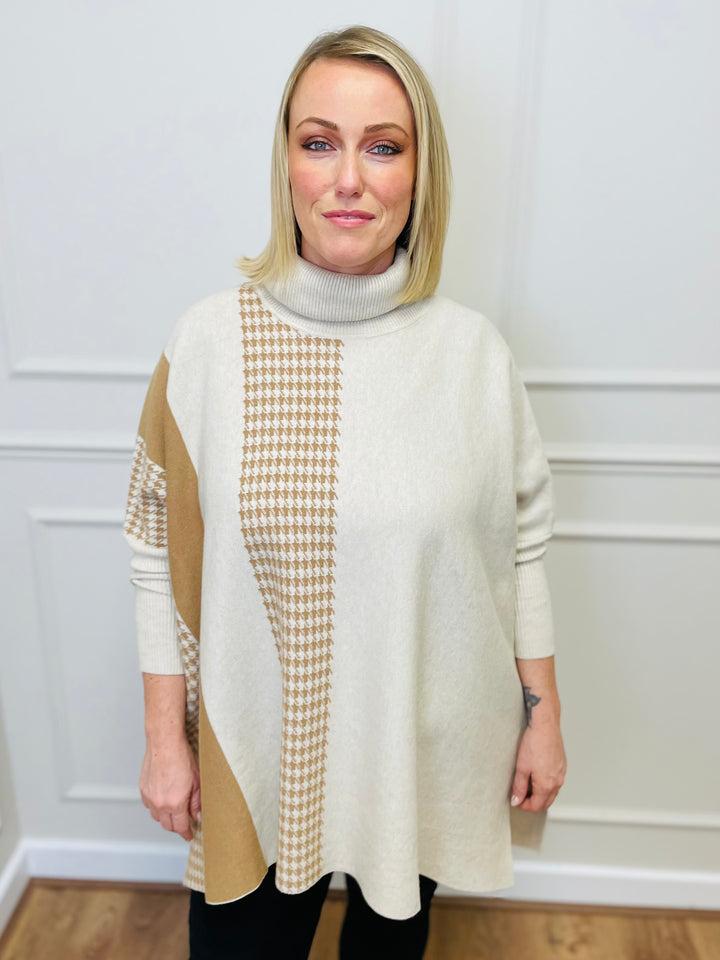 "DANIELA" Houndstooth Print Poncho-Cream & Tan