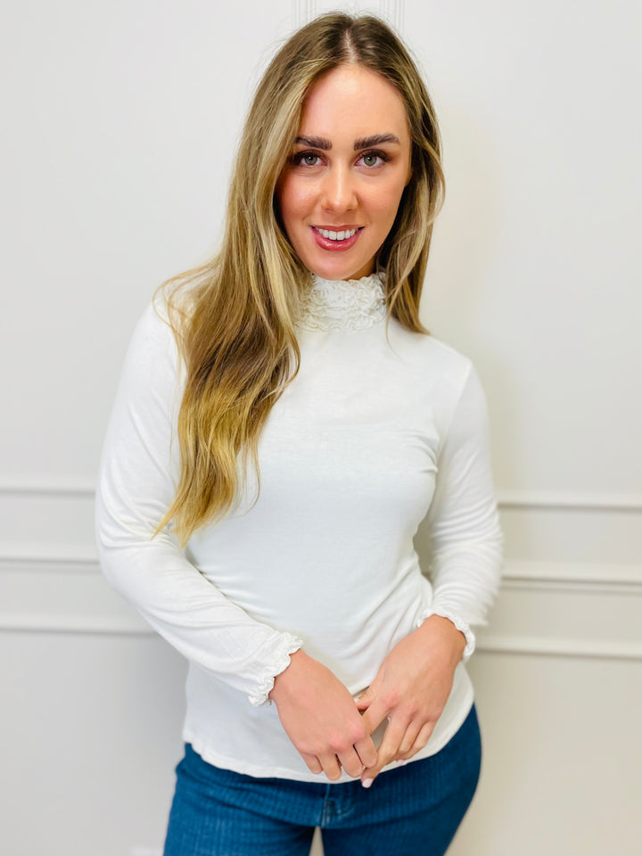 "LIVIA" Ruffle Polo Neck Top-White