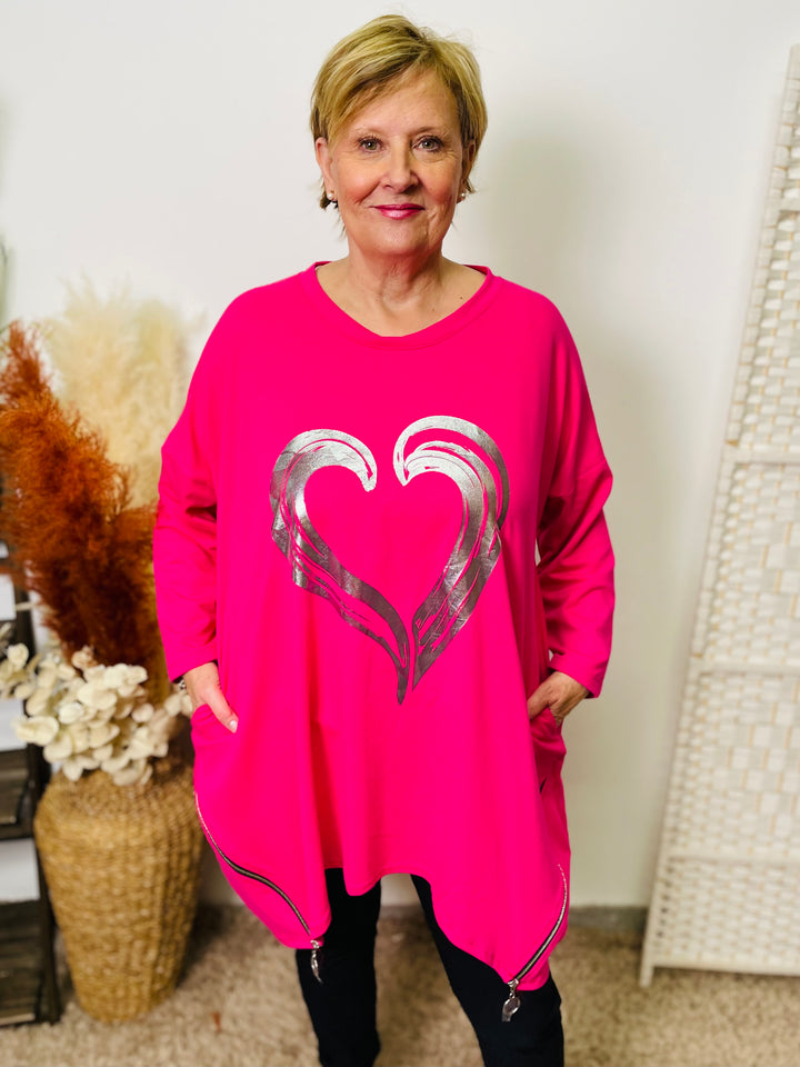 "LAURA" Heart Print Sweat Top-Hot Pink