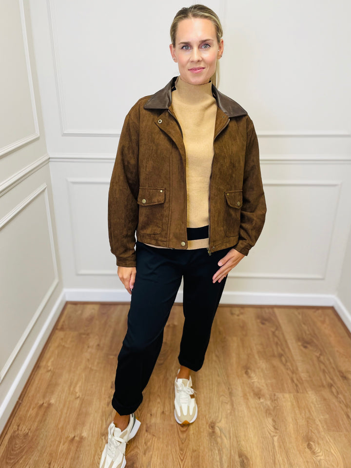 "NINA" Suede Bomber Jacket-Tan
