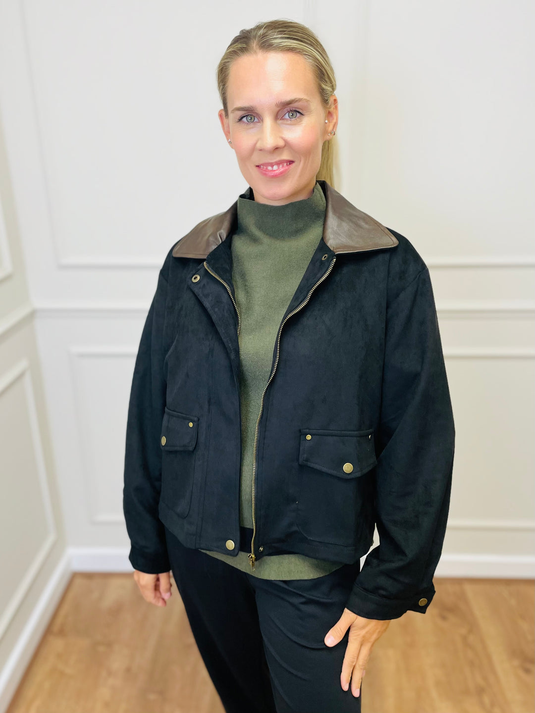 "NINA" Suede Bomber Jacket-Black