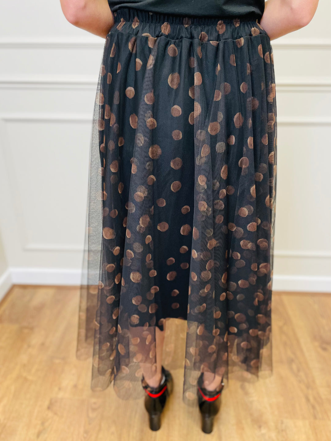 "IZZY" Polkadot Print Tulle Skirt-Black & Tan