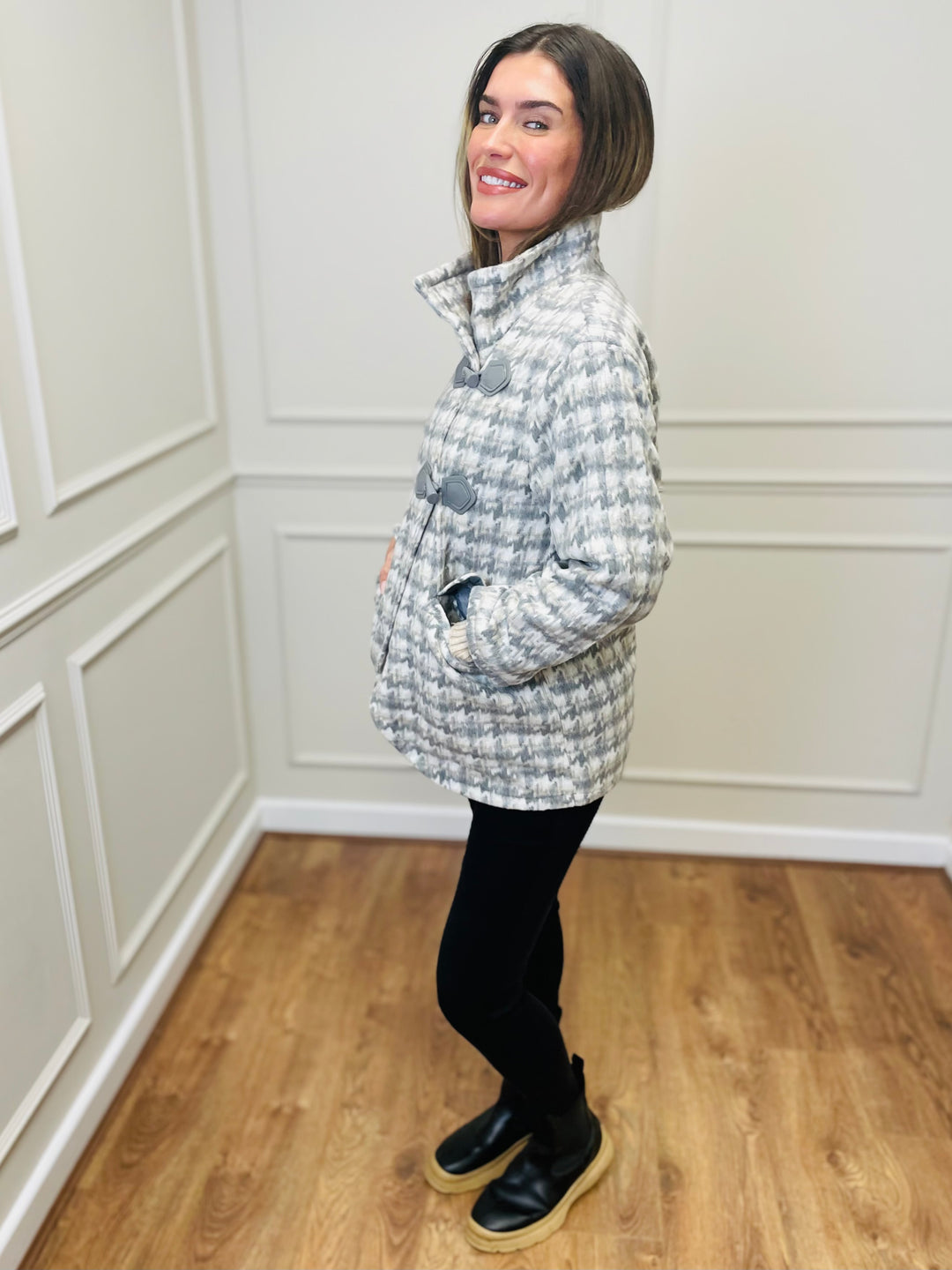 "SAMIRA" Houndstooth Coat-Grey & Cream