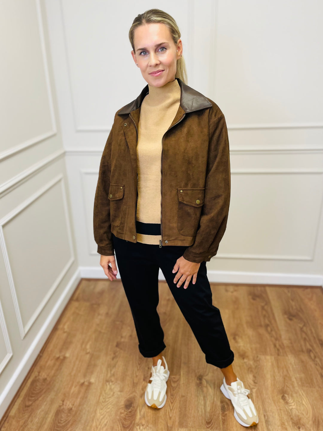 "NINA" Suede Bomber Jacket-Tan