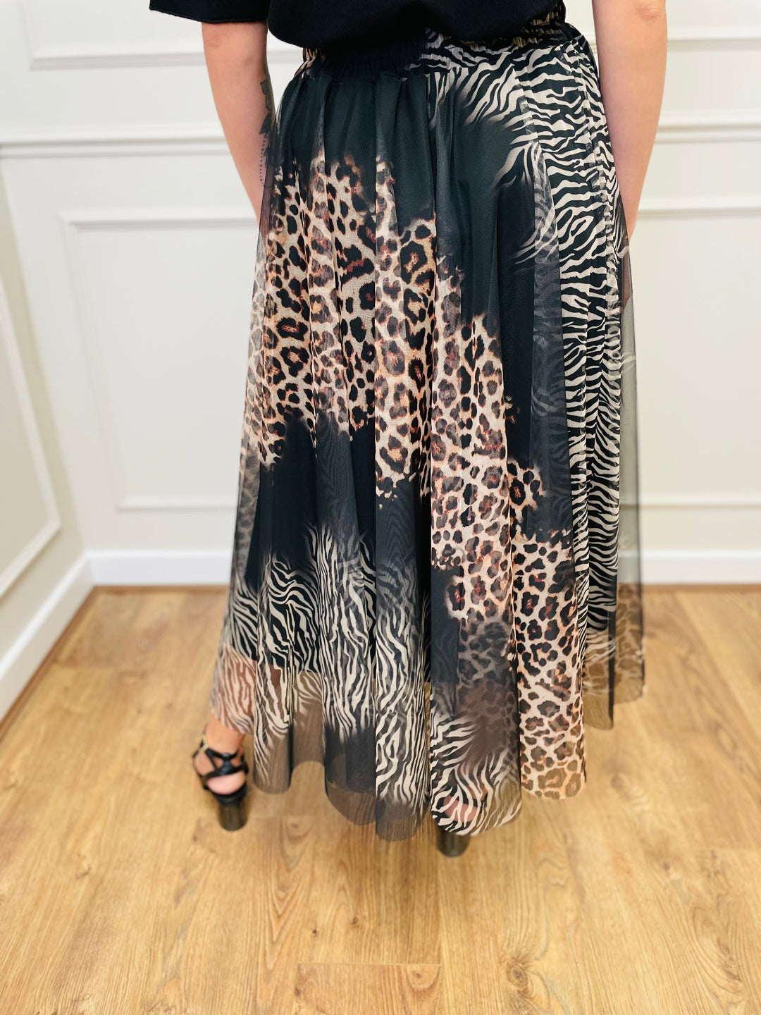 "IZZY" Animal Print Tulle Skirt-Black & Tan