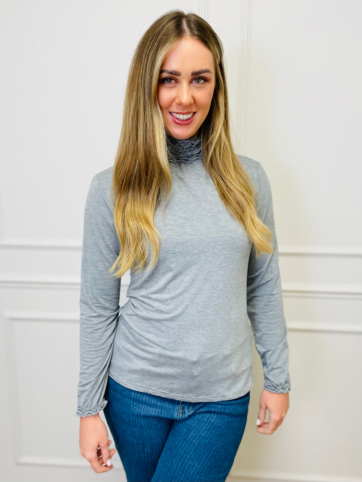 "LIVIA" Ruffle Polo Neck Top-Silver