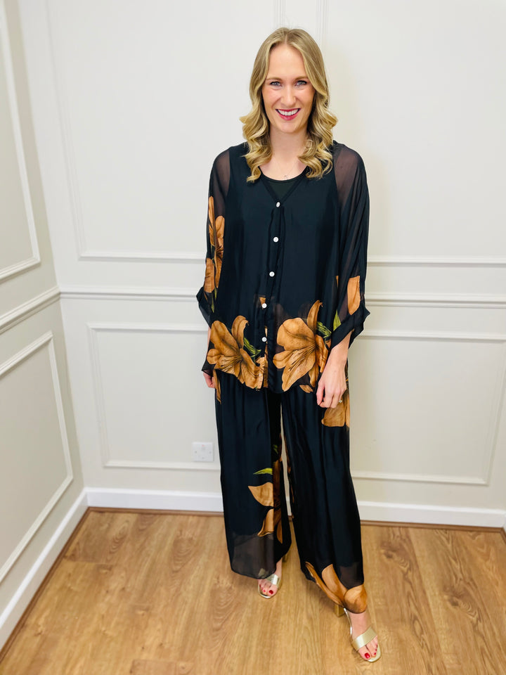 Floral Chiffon Co-Ord Set-Black & Orange