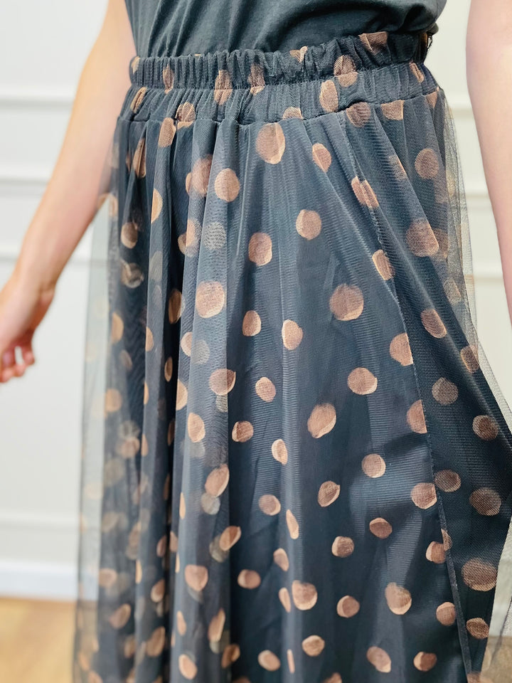 "IZZY" Polkadot Print Tulle Skirt-Black & Tan