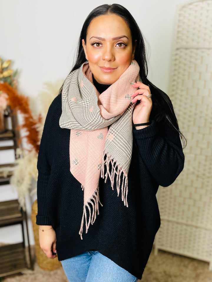 No.69 Heart Print Reversible Scarf-Silver & Pink