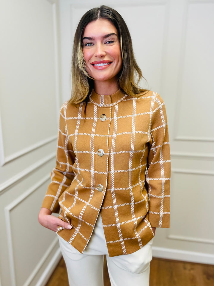 "CELINE" Windowpane Check Cardigan-Tan & White