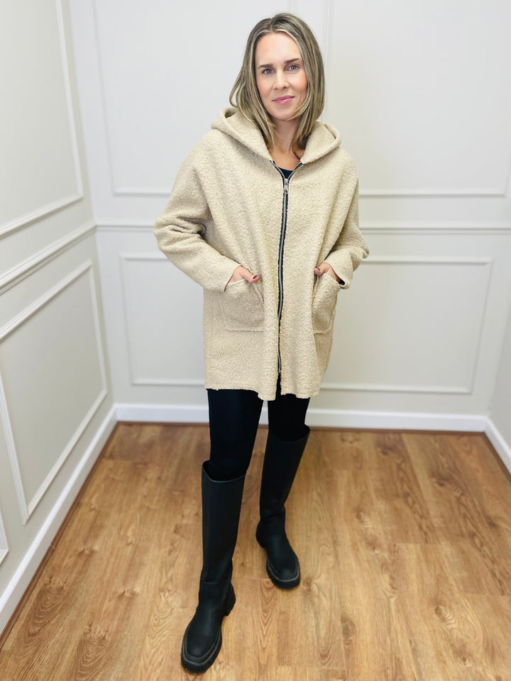 "ARLENE" Hooded Zip Coat-Cream