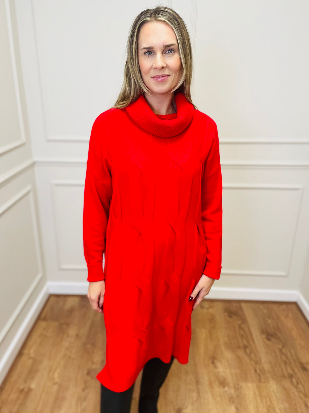 "BELINDA" Cable Knit Roll Neck Dress-Red
