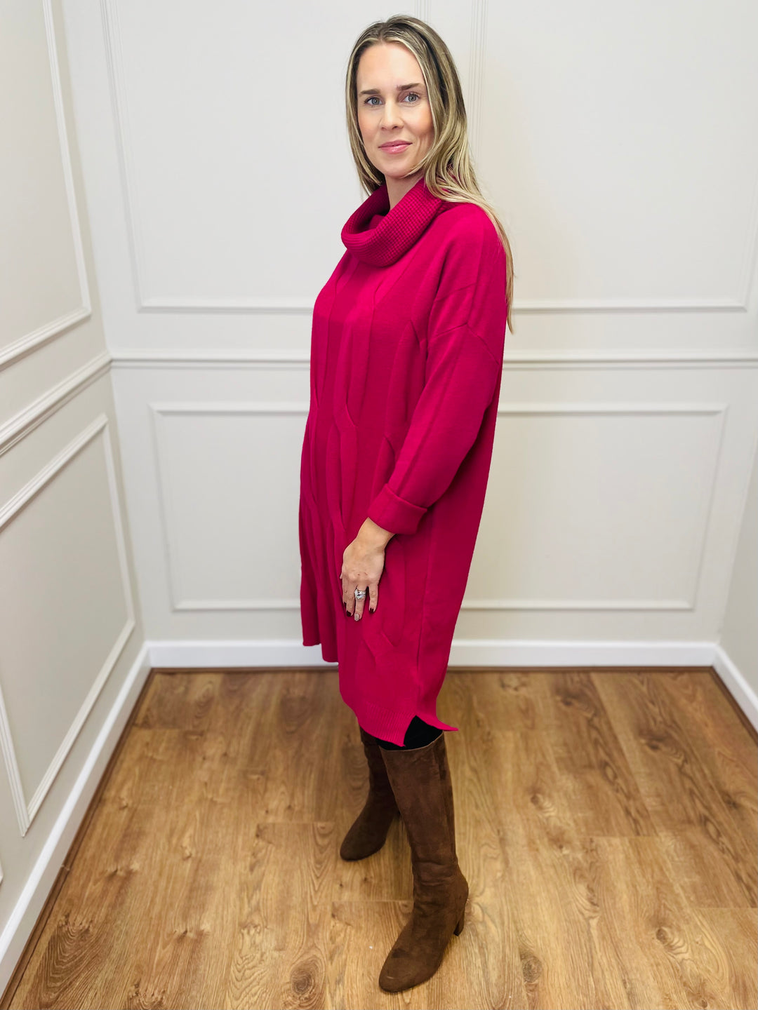 "BELINDA" Cable Knit Roll Neck Dress-Pink