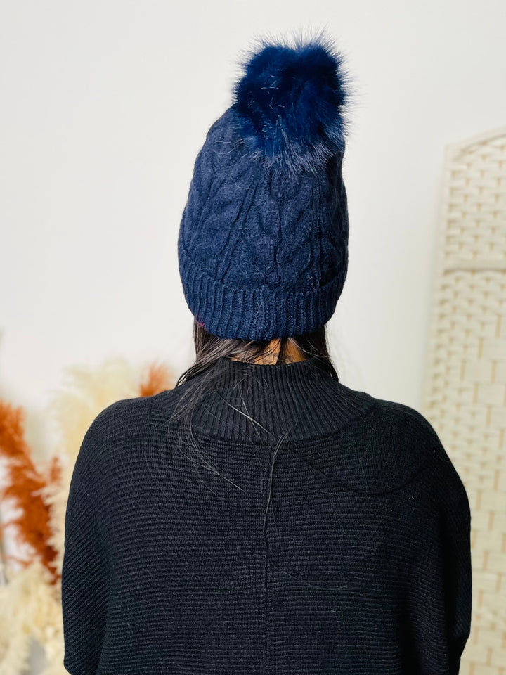 Navy Knit Faux Fur Pom Hat