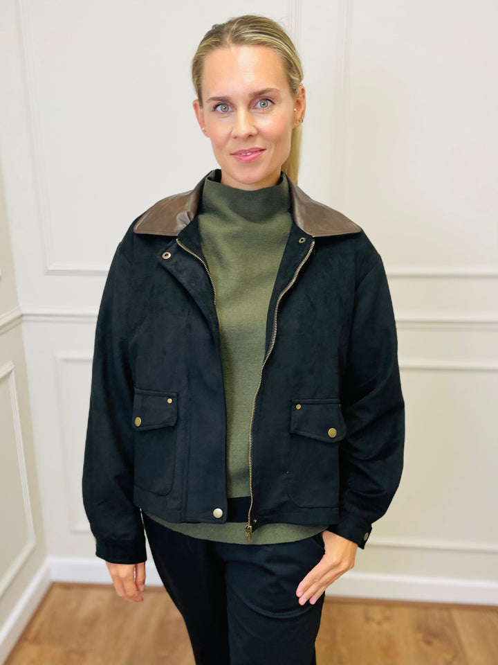 "NINA" Suede Bomber Jacket-Black