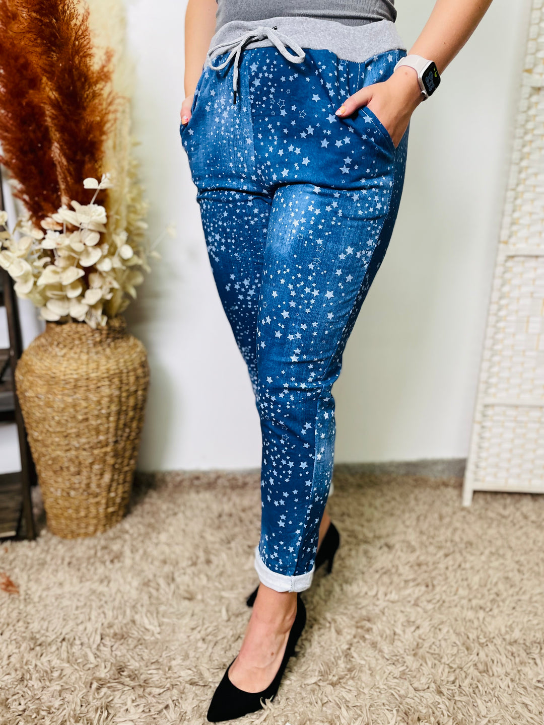 "RIO" Star Print Magic Trouser-Denim & White