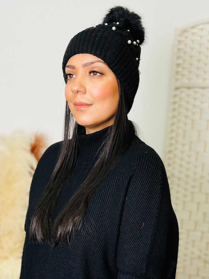 Pearl & Faux Fur Pom Hat-Black