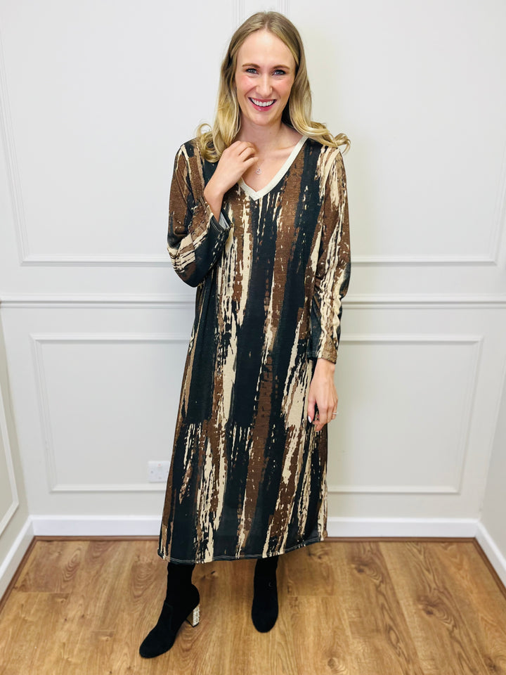 "SANDY" Artistic Print Maxi Dress-Brown