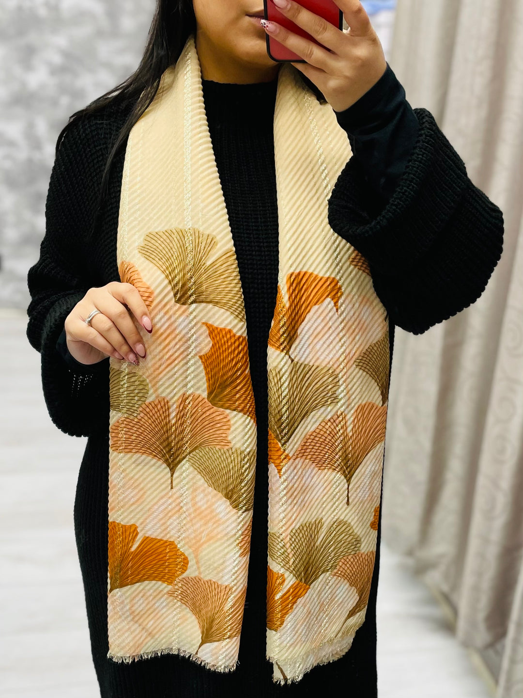 No.82 Leaf Print Scarf-Stone