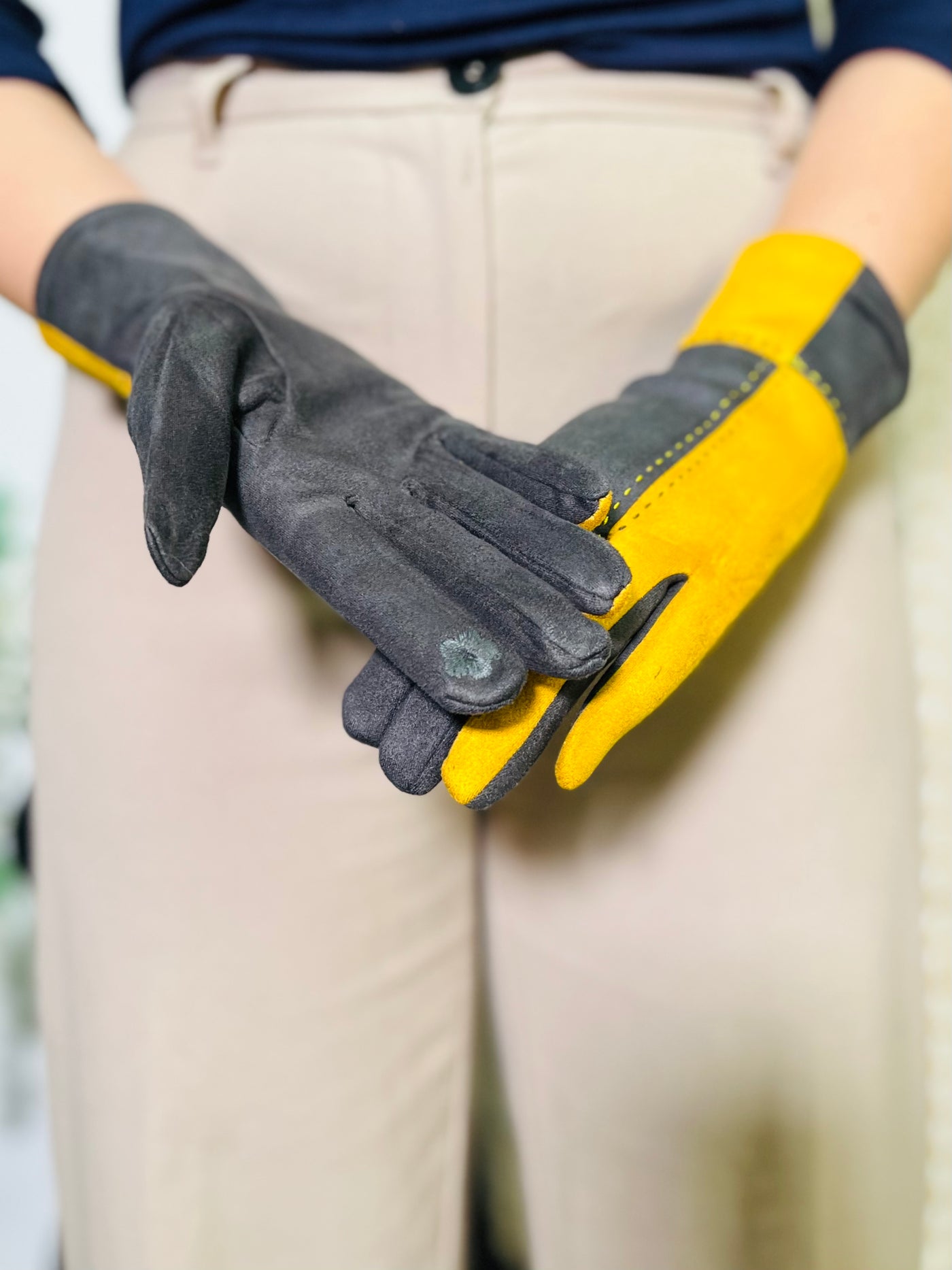 Block Print Gloves-Mustard & Grey