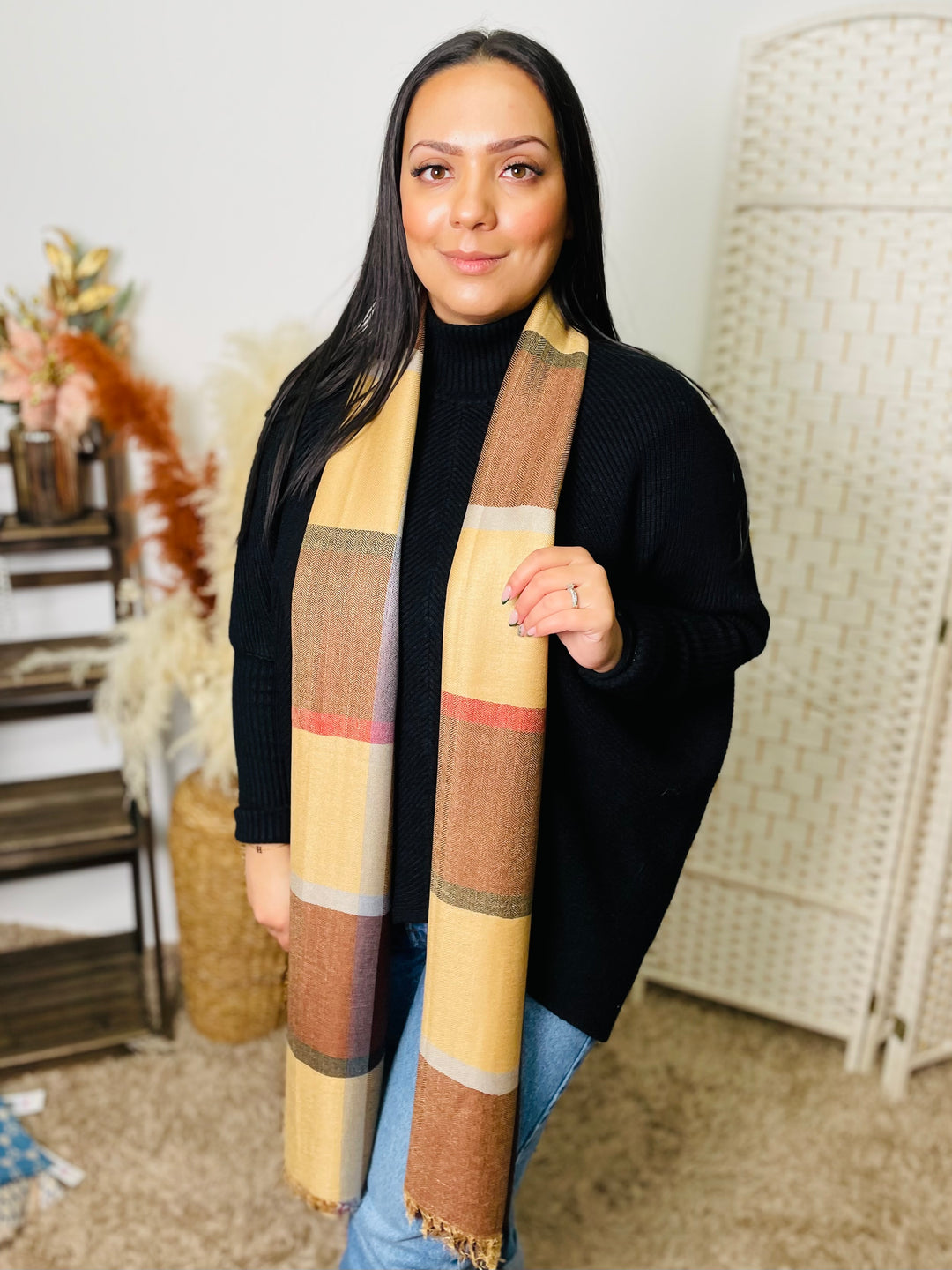 No.68 Check Print Scarf-Tan