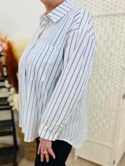 "KAI" Stripe Print Shirt-White/Brown & Blue