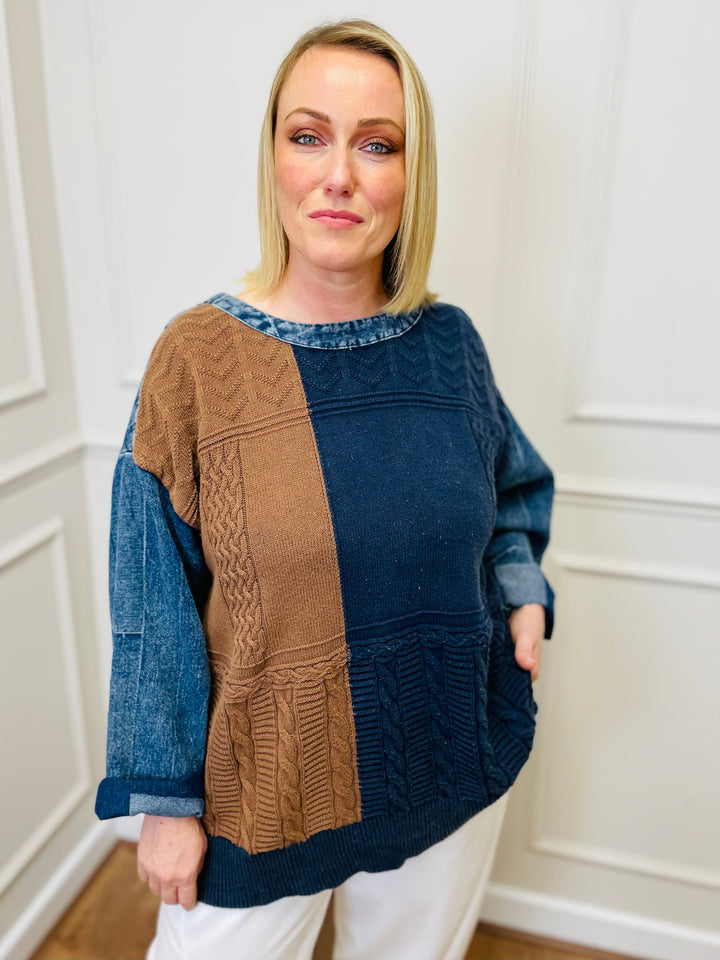 "LACEY" Patchwork Jumper-Denim & Tan
