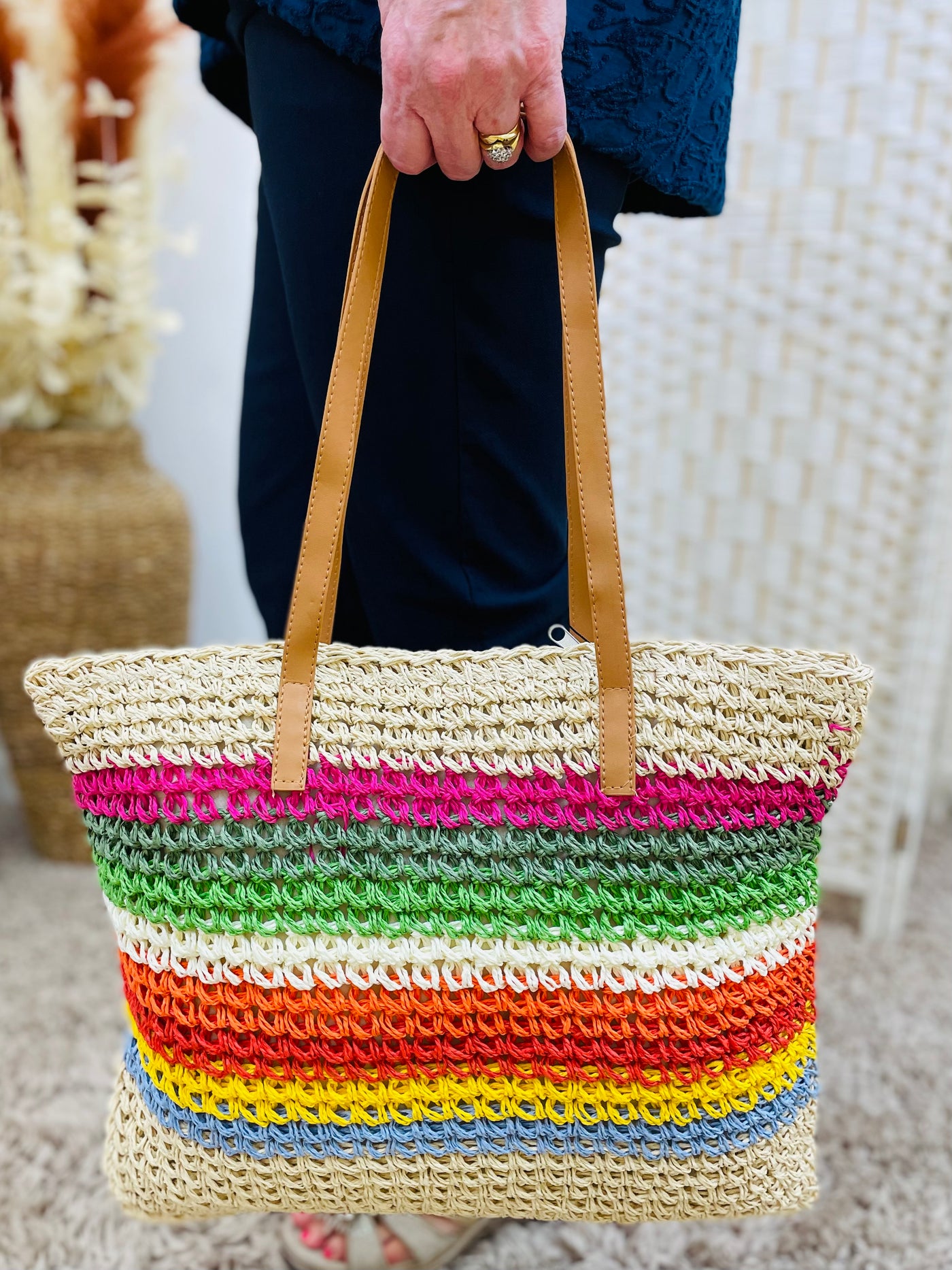Stripe Print Beach Bag-Sand & Multicolour