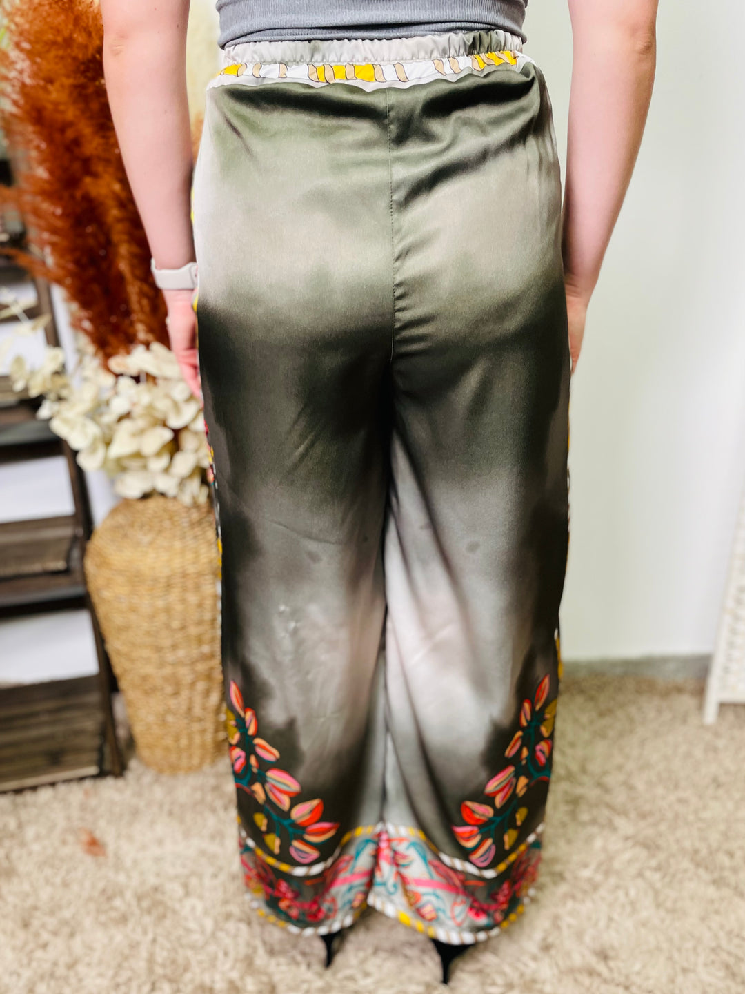 "GINNY" Butterfly Print Trousers-Khaki Green