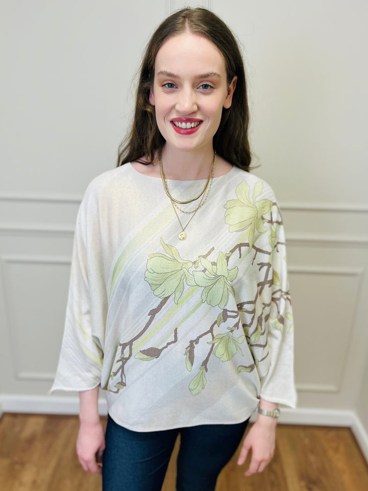 "SPRING" Floral Print Fine Knit-Cream & Green