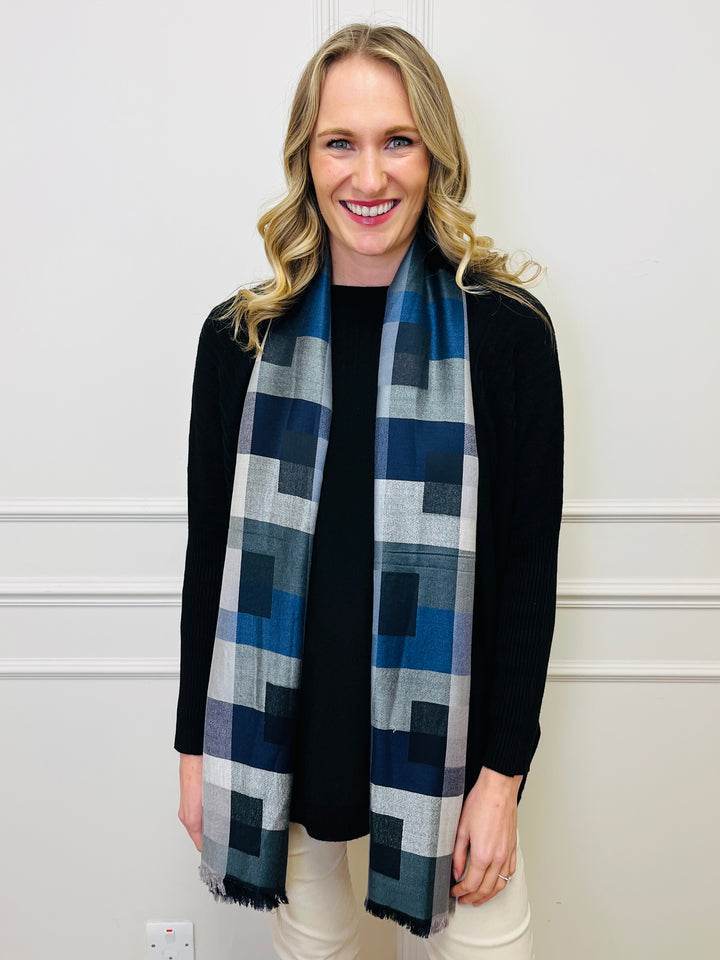 Block Print Scarf-Navy/Grey & Black