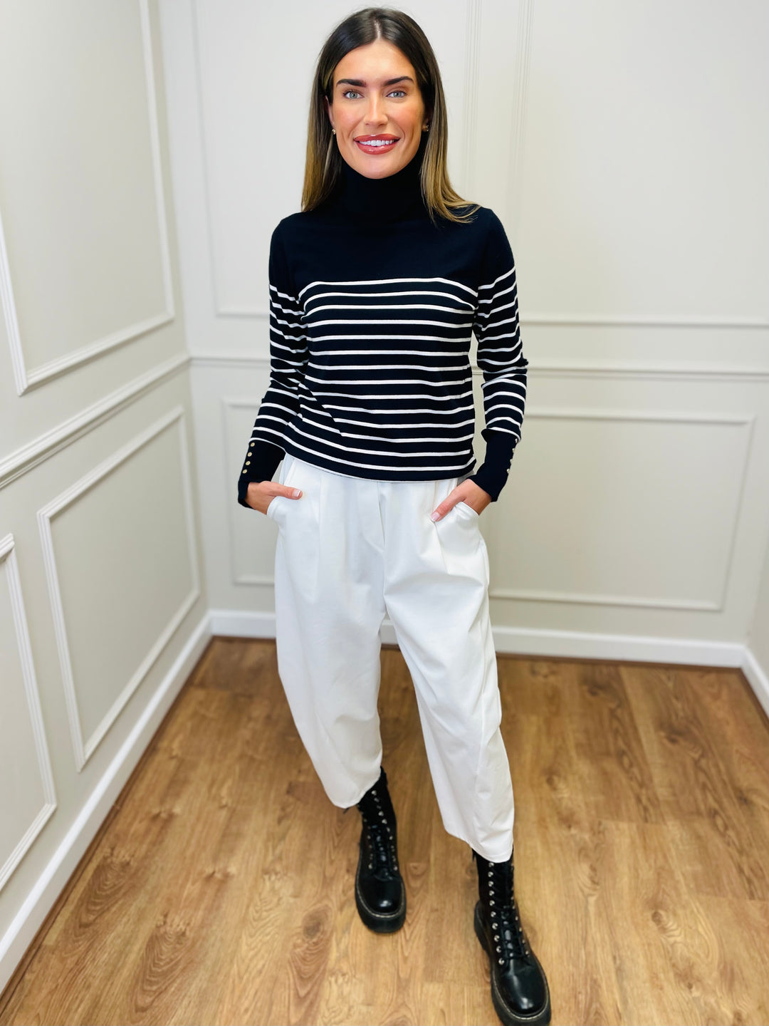 "GRACE" Stripe Print Jumper-Navy & White