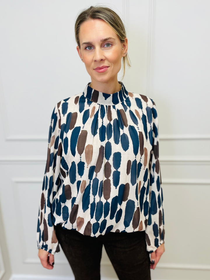 "TERESA" Abstract Print Blouse-Cream & Navy