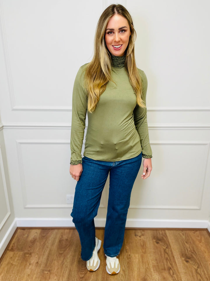 "LIVIA" Ruffle Polo Neck Top-Green