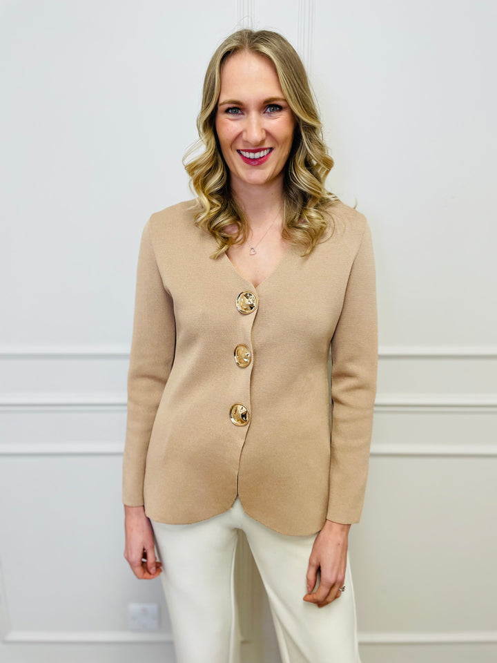 "PIPPA" Gold Button Knit Jacket-Beige