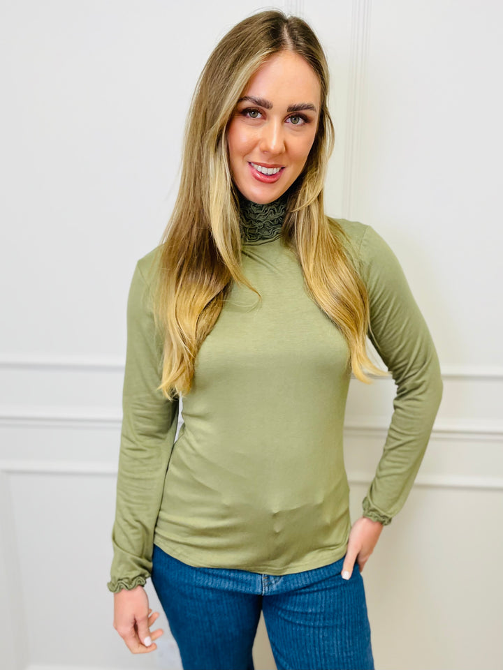 "LIVIA" Ruffle Polo Neck Top-Green
