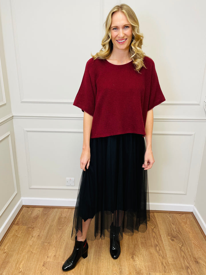 "ALICE” Short Sleeve Fine Knit-Burgundy