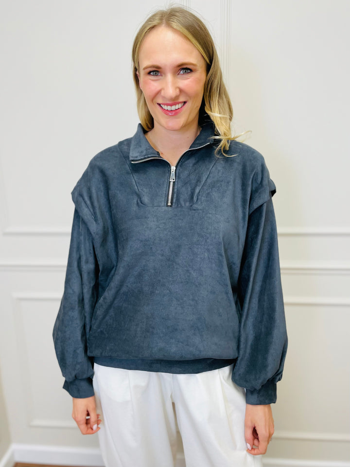 "BEATRICE" Half Zip Top-Grey