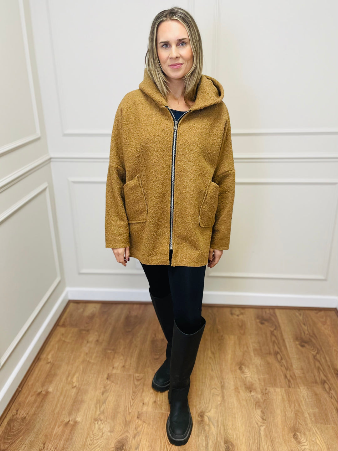 "ARLENE" Hooded Zip Coat-Camel