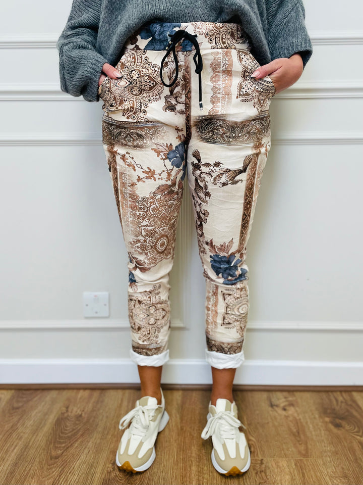 "CARMELA" Artistic Print Trouser-Cream/Tan & Grey