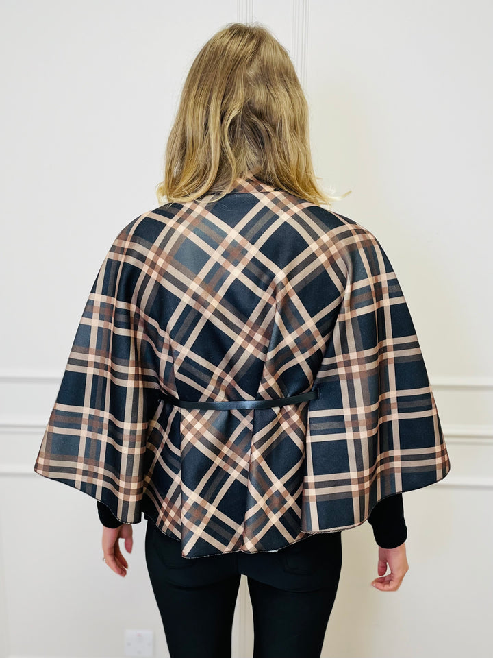 "LORELAI" Check Print Cape Coat-Black & Tan