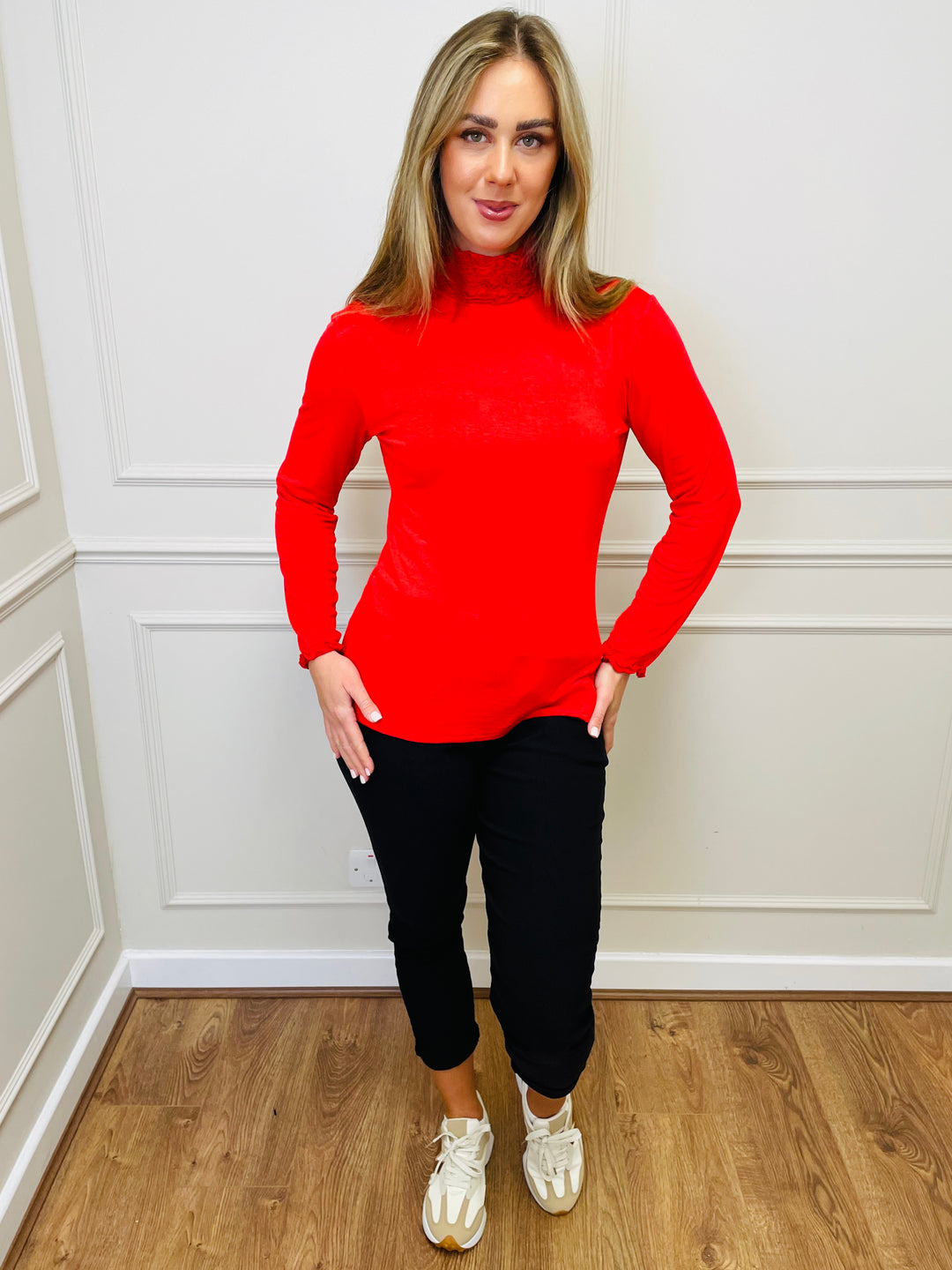 "LIVIA" Ruffle Polo Neck Top-Red