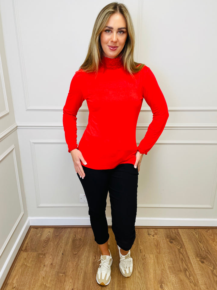 "LIVIA" Ruffle Polo Neck Top-Red