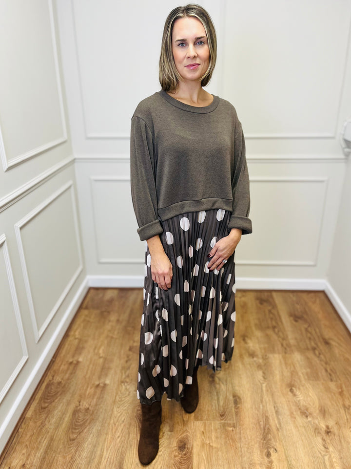 "DOTTY" Polka Dot Pleated Dress-Mocha & Cream